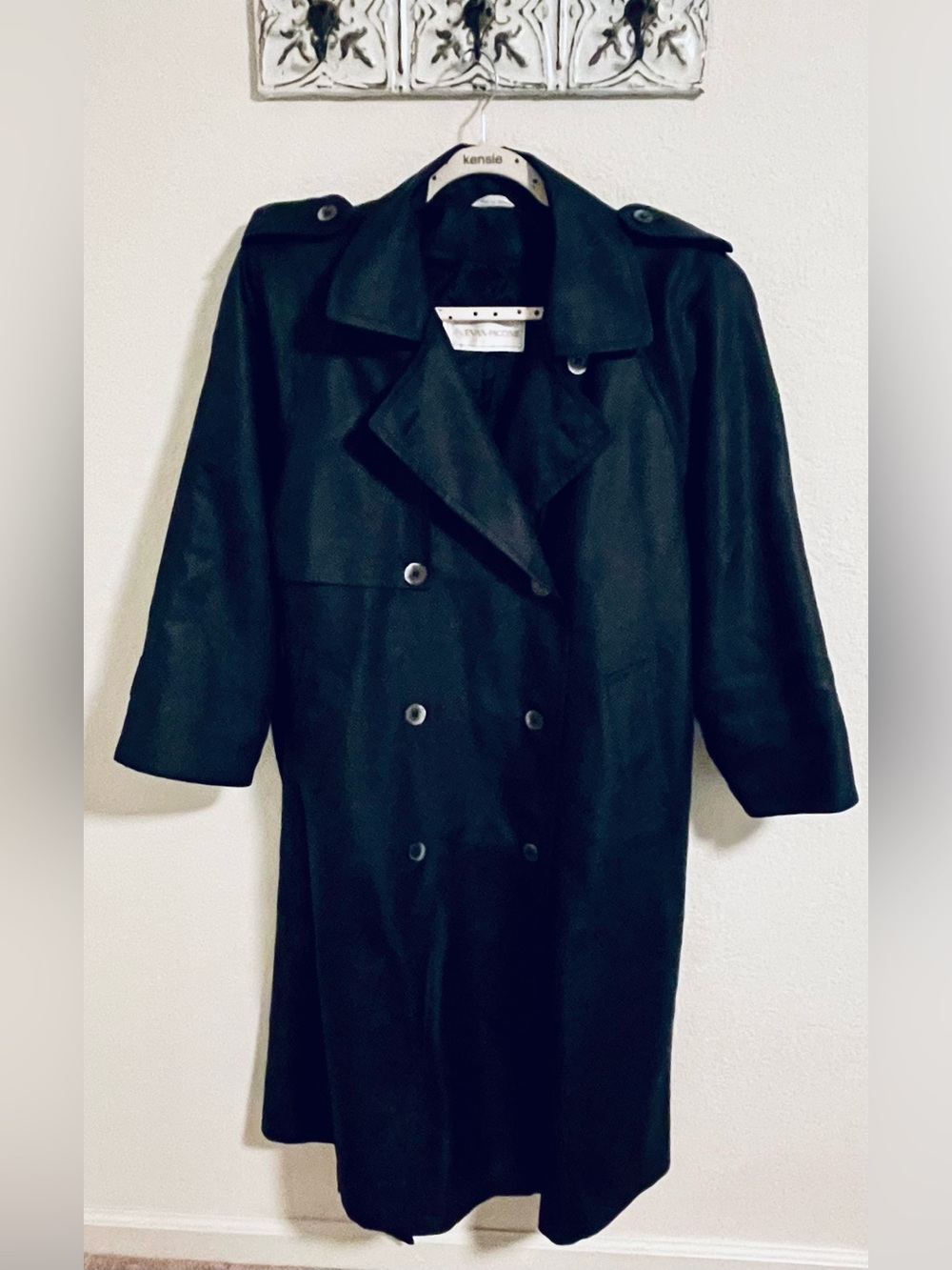Evan Picone Vintage Classic Timeless Chic Double-Breasted Trench Coat Black L